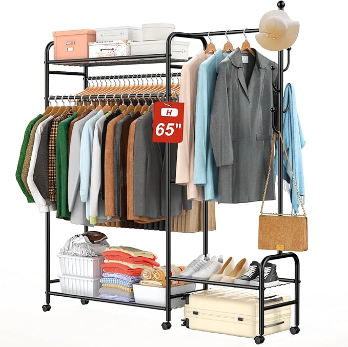 3-In-1 Clothes Racks For Hanging Clothes with Coat Rack, Heavy Duty Clothing Rack with Shelves Load 620Lbs, Portable Garment Racks with Lockable Wheels, Multi-Functional Closet Rack For Bedroom