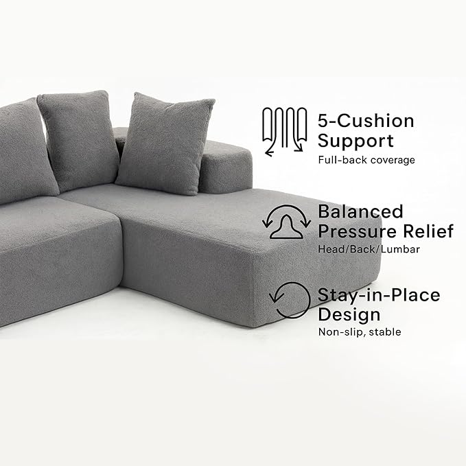 KEIKI L-Shape Cloud Sectional Sofa, 96” Modern Modular Boneless Couch with Left Chaise Lounge, Upholstered Couches for Living Room Bedroom, Grey
