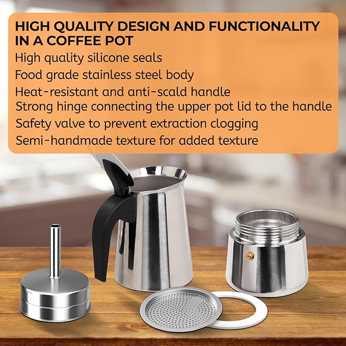 4 Cup 200ml Moka Pot Stainless Steel Espresso Coffee Maker Stovetop Percolator Coffeemaker Italian Classic Style Brewing Greca Cafe Mocha Machine for Cafeteras Lover Camping Travel and Home Use 6.6oz