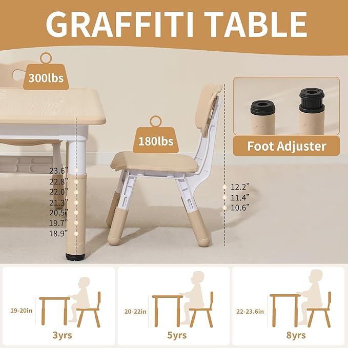Toddler Table and Chairs, Kids Table and 4 Chairs Set with Graffiti Desktop, Height-Adjustable Kids Study Table for Boys and Girls Aged 3-8, Max 300lbs