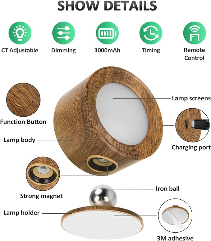 Lightbiz LED Wall Lights, Wall Sconces 2 Pcs with Remote Rechargeable Battery Operated, 3 Color Temperatures & Dimmable Wall Lamp Magnetic 360° Rotation Wireless Light for Bedroom Living Room