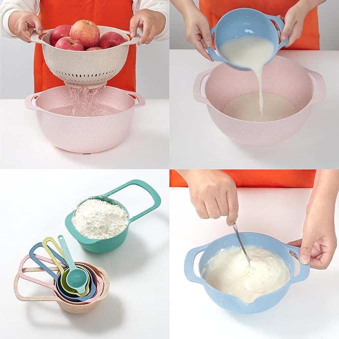 Plastic Mixing Bowls Set 10 PCS with Measuring Spoon, Colorful Serving Bowls for Kitchen, Ideal for Baking, Prepping, Nesting Bowls for Space Saving Storage