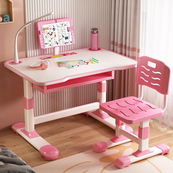 Study Desk Chair Set for Girl, Height Adjustable Toddlers Writing Table with Tiltable Reading Stand LED Table Light, Living Room Bedroom Children Learning Table with Extra Large Drawer Pink