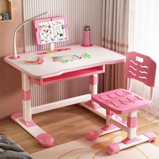 Study Desk Chair Set for Girl, Height Adjustable Toddlers Writing Table with Tiltable Reading Stand LED Table Light, Living Room Bedroom Children Learning Table with Extra Large Drawer Pink