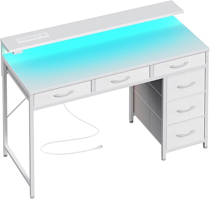 Huuger Gaming Desk with 6 Drawers, Computer Desk with LED Lights Power Outlets and Type-C, 39 Inch Office Desk with Storage, Monitor Stand, Writing Desk Work Desk Home Office, Bedroom, Study, White