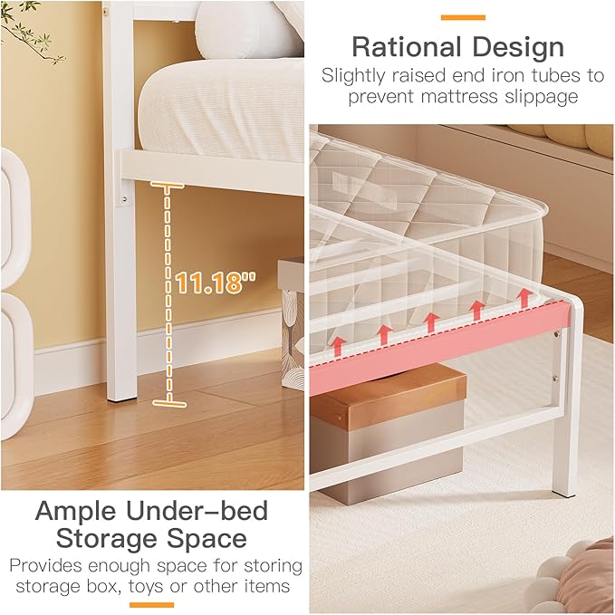 Weehom Twin Bed Frames for Kids, Twin Size Bed Frames with Wood Headboard Shelf - No Box Spring Needed White Metal Platform Bed for Girls, Boys and Students