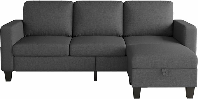 Sectional Sofa Couches for Living Room - 78'' Dark Gray 3 Seat L-Shaped Couch with Storage Ottoman, Modern Linen Convertible Sectionals Sofas with Chaise for Apartment, Office, Small Space