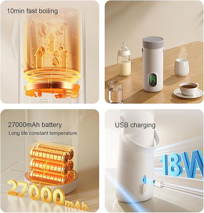 Travel Electric Kettle, 350ML Small Tea Coffee Kettle Mini Hot Water Boiler 27000mAh Rechargeable Portable Water Heater, 12 Hour Insulation