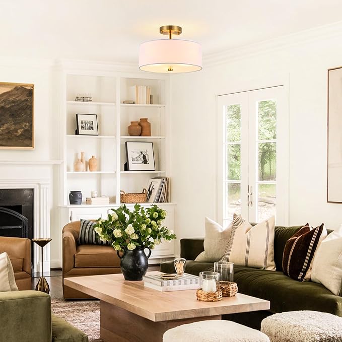 13" Semi Flush Mount Ceiling Light Fixture, 3-Light Gold Drum Light Fixture, Modern Close to Ceiling Light with White Fabric Shade Lamps for Bedroom Living Room Kitchen Hallway Entryway