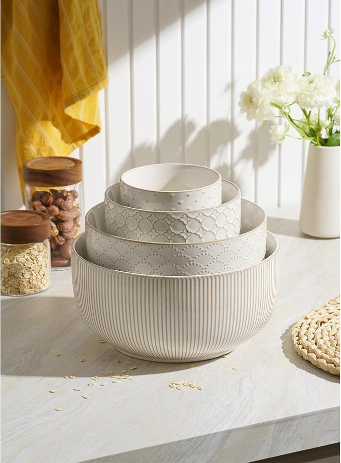 Mikiegy Ceramic Mixing Bowls Set of 4, Nesting Ceramic Embossment Stoneware Mixing Bowls for Cooking, Serving, Popcorn, Salad etc, Microwave & Dishwasher Safe, 20/44/98/145 oz, Off-White