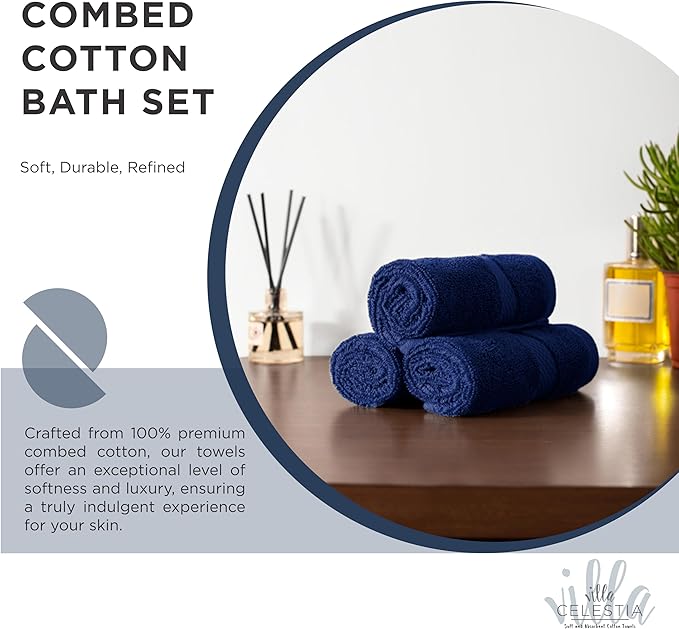 100% Cotton Bath Towel Set of 12-4 Bath Towels, 4 Hand Towels, 4 Wash Cloths, Sustainable, Soft, Highly Absorbent, Combed Cotton 12 Piece Set for Hotels, Spa, Bathroom, Dorm, Navy Blue