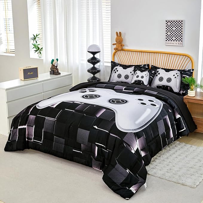 PERFEMET 6 Pcs Kids Bedding Sets for Boys Twin Size Black White Gamer Comforter with Sheet Set Soft Fluffy Gaming Bed Set Lightweight Comfy Game Bed in A Bag for All Season(White, Twin)