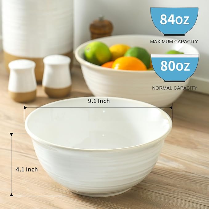 Hasense Serving Bowls, 9 Inch Ceramic Salad Bowls for Kitchen, 84 Ounce Mixing Bowl for Soup Pho Pasta Popcorn, Dishwasher & Microwave Safe, Set of 2(Clay-Infused White)