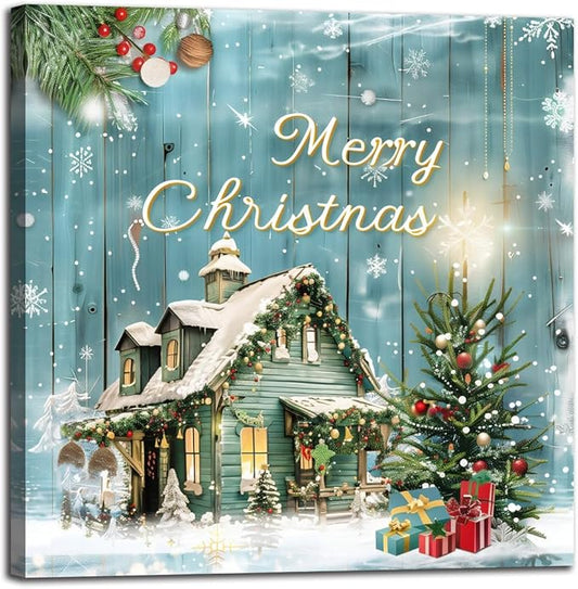 Christmas Tree Wall Art Decor Romantic Winter Snow Home Canvas Prints Poster Xmas Tree Painting Merry Christmas Sign for Home Garden Living Room Bedroom Bathroom Holiday Decoration Gifts 12x12inch