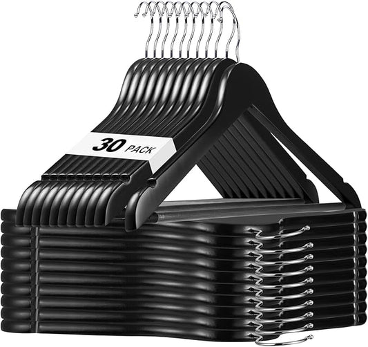 HOUSE DAY Black Wooden Hangers 30 Pack, Solid Wood Hanger with Non Slip Pant Bar, Heavy Duty Wooden Coat Hanger for Closet, Smooth Finish Wood Clothes Hangers for Shirts, Suits Jackets, Dress