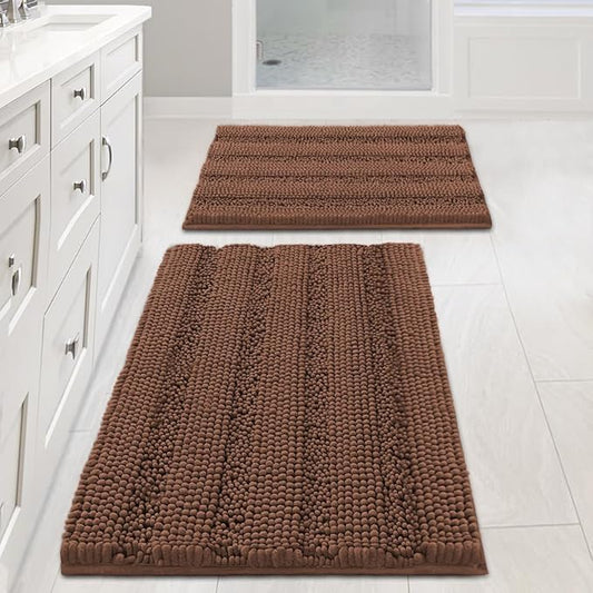 H.VERSAILTEX 2 Piece Bathroom Set Extra Thick Chenille Striped Pattern Bath Rugs for Bathroom Non Slip Soft Plush Shaggy Bath Mats for Floor(Caramel, 32 x 20 Plus 24 x 17 - Inches)