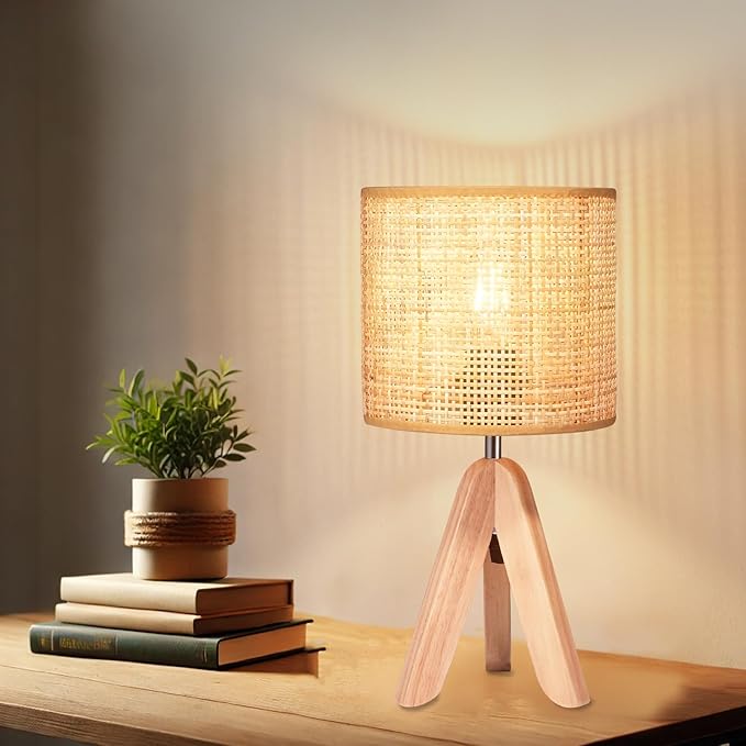 Hamilyeah Tripod Lamps for Night Stands Set of 2, Boho Bedside Lamps with Wicker Shade, Woven Table Lamps for Living Room with On/Off Switch, Wood Desk Lamps for Bedroom