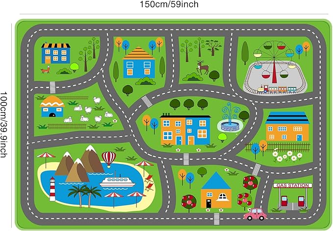 Kids Playmat Car Rug, Kids Play Rugs Town City Road Map Rug, Large Educational Car Mat, Boys Track Play Mat, Kid Rugs for Playroom Bedroom Living Room (Style 3, 59X 39.4 INCH)