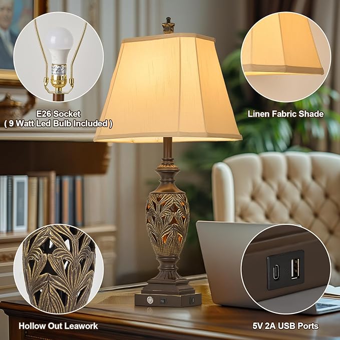 29.5"H Touch Traditional Table Lamp Set of 2,Vintage Bedside Nightstand Lamps with Dual USB and Night Light, 3-Color Hollow Out Leafwork Bronze Gold Finish Desk Lamps for Living Room,Bedroom