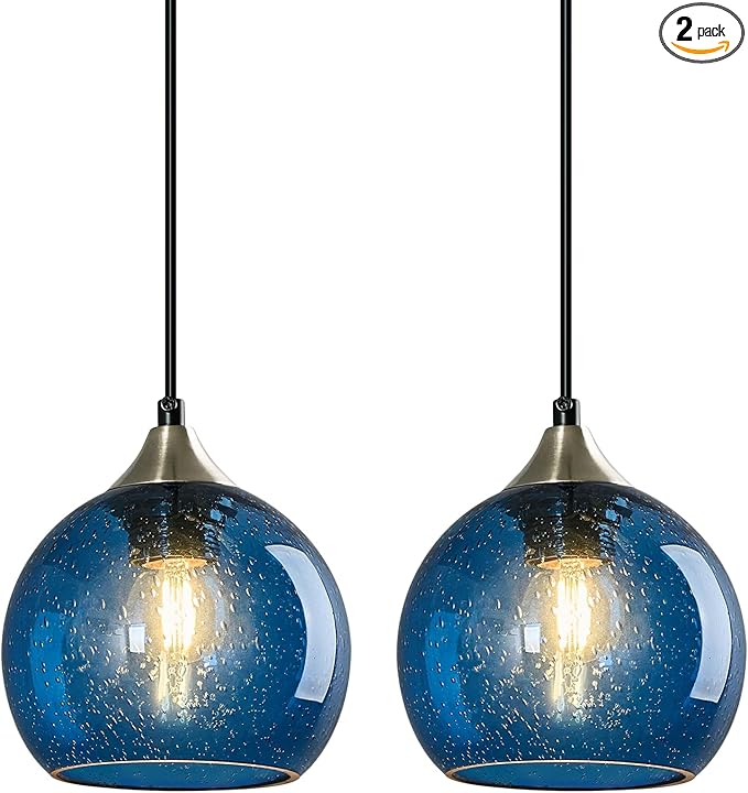 Blue Glass Pendant Lights Kitchen Island Lighting Globe Pendant Light Fixtures Modern Lighting for Kitchen Island Bedroom Living Dining Room (5.9in, 2-Pack)