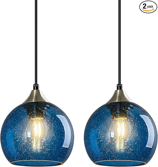 Blue Glass Pendant Lights Kitchen Island Lighting Globe Pendant Light Fixtures Modern Lighting for Kitchen Island Bedroom Living Dining Room (5.9in, 2-Pack)
