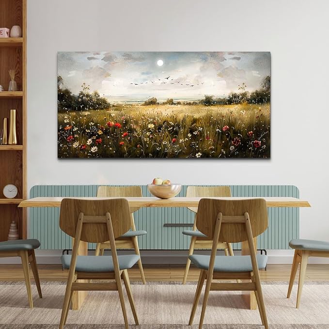 Wapluam Large Canvas Wall Art Living Room Wall Decor for Bedroom Wildflower Field Vintage Wall Art Canvas Prints Paintings Farmhouse Artworks Pictures Modern Aesthetic Home Decoration Ready To Hang