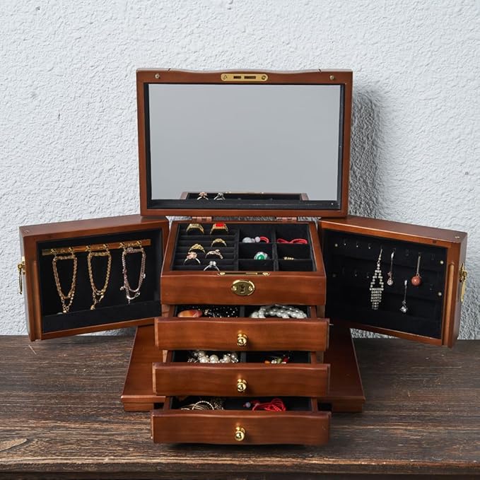 FEECOZ Wooden Jewelry Box for Women, Solid Wood Jewelry Organizer with Mirror and 3-Drawer, Ring,Necklacel,Vintage Style Storage Box with Lock (Dark Brown（Rose Pattern)