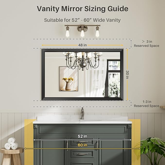 48x30 Inch Black Bathroom Mirror for Wall, Thick Metal Framed Rectangle Mirrors for Over Sink, Bedroom, Living Room, Entryway, Anti-Rust, HD Tempered Glass