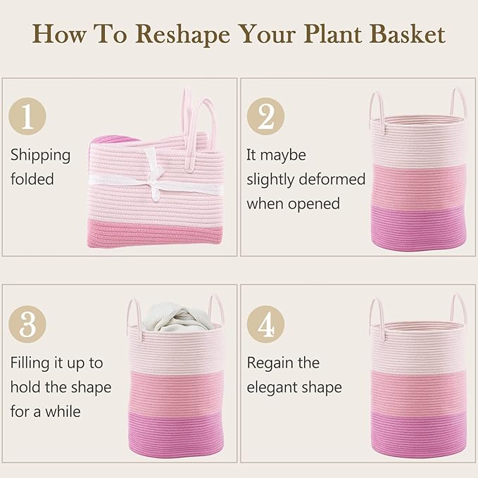 Woven Rope Laundry Hamper Basket, 58L Tall Luandry Basket, Baby Nursery Hamper for Blanket Storage, Clothes Hamper for Laundry in Bedroom-Large-Pink