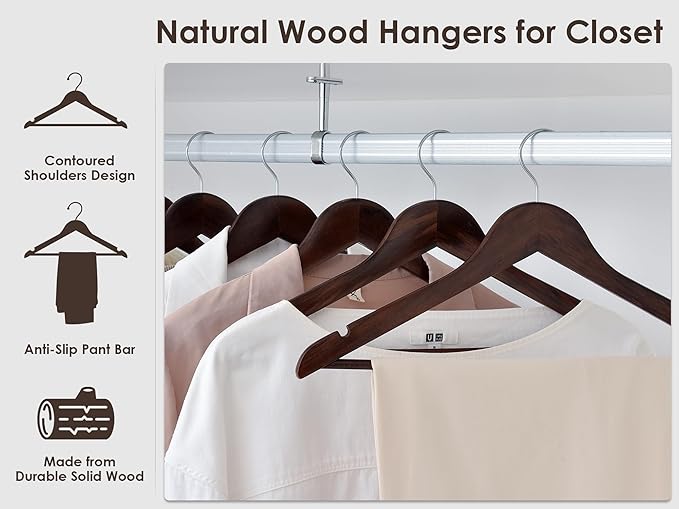 StorageWorks Wooden Hangers 30 Pack, Wood Coat Hanger for Coats, Shirts, Jackets, Pants, Suits, Walnut Color