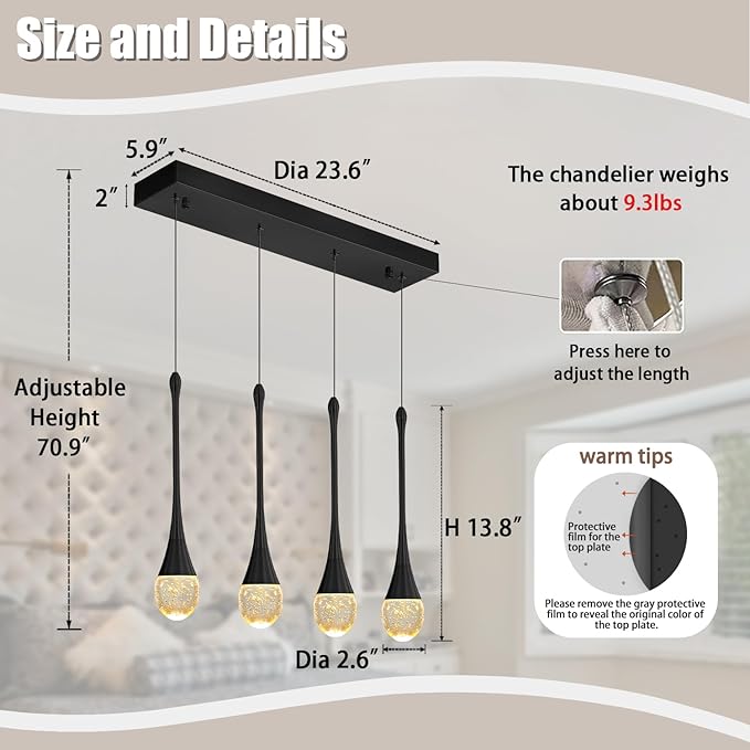 Dining Room Light Fixture 4-Light Black Kitchen Island Lighting Industrial Linear Crystal Chandeliers for Dining Room Pendant Light Fixture for Living Room Hallway Bedroom