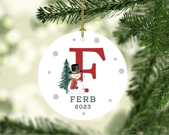 Andaz Press Personalized Ornament, Custom Name, Initial F Monogram Snowman 2.8" Ceramic Porcelain 2025 Christmas Ornament Keepsake for Kids, Boys, Girls, Includes Gold Ribbon & Gift Box, 1-Pack