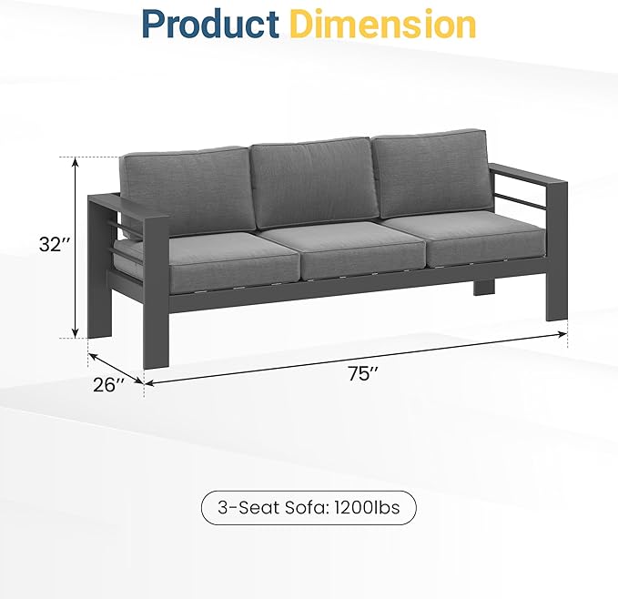 Wisteria Lane Patio Furniture Metal Sofa, Metal Outdoor Chairs with Upgraded Cushions, All-Weather Outdoor 3 Seats Sofa Couch for Balcony, Garden, Deck, Backyard, Grey