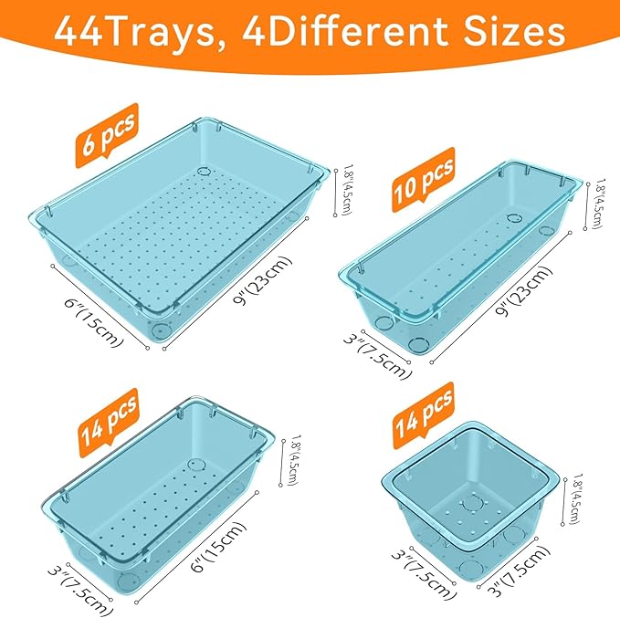 WOWBOX 44 PCS Clear Plastic Drawer Organizer Set, 6 Varied Size storage Bins and Desk Drawer Organizer Trays for Makeup, Gadgets, Jewelry and Utensils in Bathroom, Bedroom and Office, Clear Sea Blue