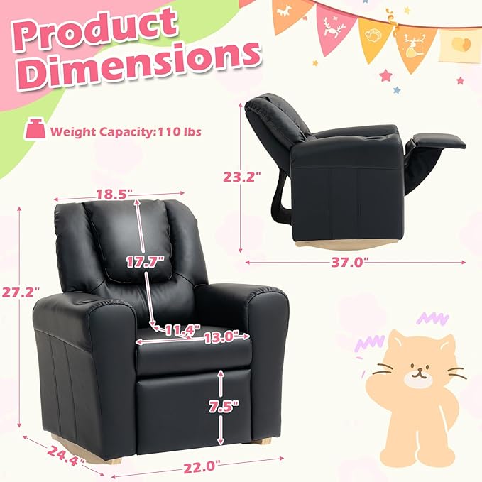 AVAWING Kids Recliner Chair with Cup Holder, Leather Toddler Recliner with Adjustable Backrest, Curved Rocking Legs and Comfy Armrests for Bedroom or Nursery (Black)