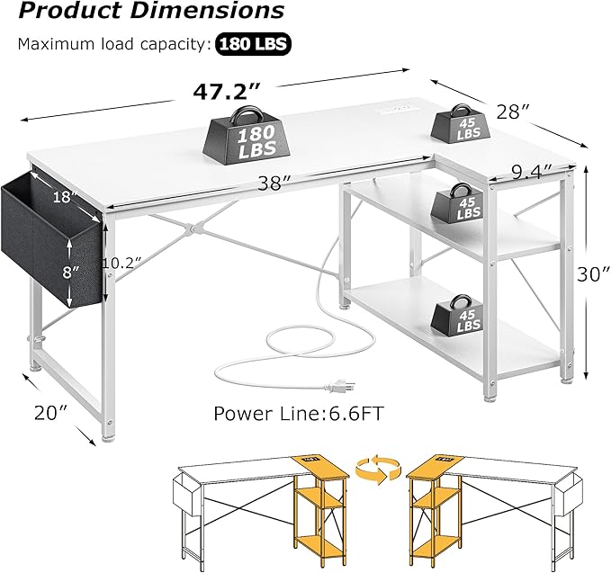 EnHomee 48 Inch L Shaped Gaming Desk, Computer Desk with Storage Shelves & Side Bag, Office Desk with Power Outlets, Small Corner Desk for Small Space Home Office Bedroom, Study Writing Table, White