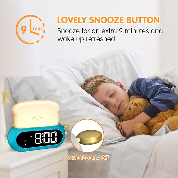 Kids Alarm Clocks for Bedroom, Cute Digital Clock with Night Light, 10 Ringtones, 10 Volumes, Nap Timer, Brightness Dimmer, Snooze, Bedside Alarm Clocks for Boys Teens Birthday Gift, Plug-in Use
