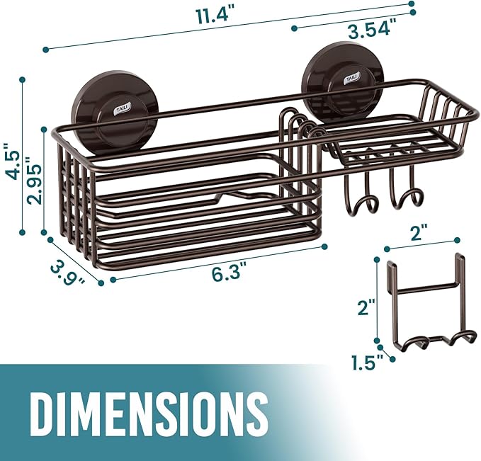 TAILI Shower Caddy Suction Cup with Hooks & Soap holder, Heavy Duty Bathroom Shower Organizer, No Drilling Shelves for Inside bathroom, Metal Black Storage Basket-Brown