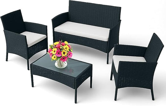 EconoHome 4-Piece Outdoor Patio Furniture Set - Patio Set with 2 Rattan Chairs, 1 Loveseat & 1 Glass -Top Coffee Table - Weather-Proof Wicker with Cushions - Conversation Set for Porch, Balcony, Lawn