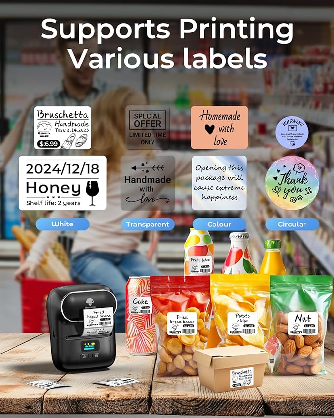 Phomemo M110 Label Makers - Barcode Label Printer Bluetooth Label Maker Portable Thermal Printer for Small Business, Address, Barcode, Logo, Clothing, Mailing, Sticker Printers for Phones & PC, Black