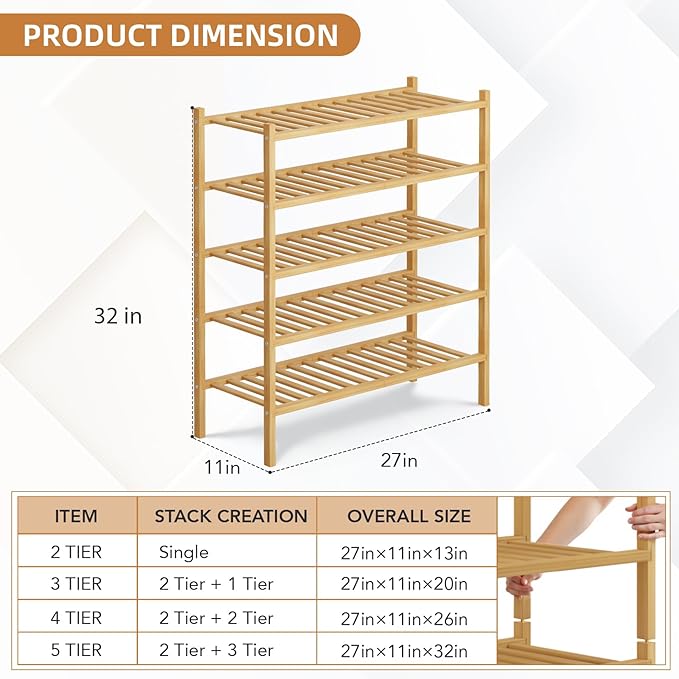 5 Tier Bamboo Shoe Rack Storage Organizer for Closet, Multifunctional Stackable Free Standing Shoe Shelf Organizer for Small Space,Entryway,Hallway,Bathroom 27"x11"x32"(Natural, 5 Tier)