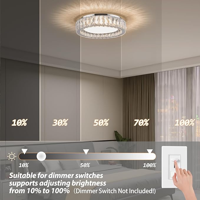 15 Inch Modern Chrome Crystal Flush Mount Chandelier,Dimmable LED 5CCT 3000K-6000K 36W,Large Round Luxury Close to Ceiling Light Fixtures for Living Room,Bedroom,Kitchen,Dining Room
