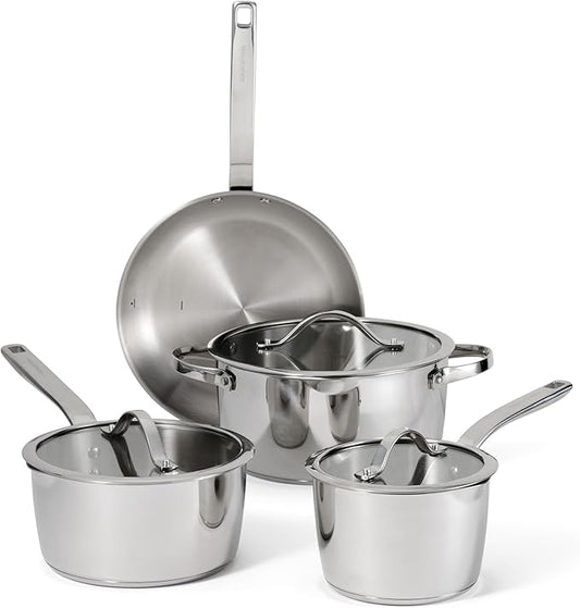 Tramontina Tempo Tri-Ply Base Stainless Steel 7-Piece Cookware Set with Glass Lids, Pots and Pans Kitchen Set, Induction-Ready, Oven-Safe, Dishwasher-Safe