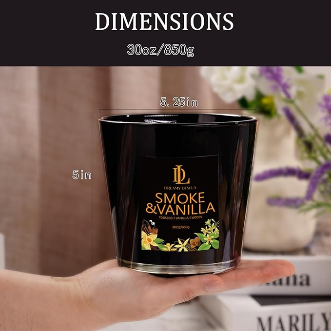 Smoke & Vanilla Scented Candle, Large 30oz Natural Soy Candles, 4-Wick 80 Hour Burn Time, Home Fragrance Candles Housewarming Gift for Women Men