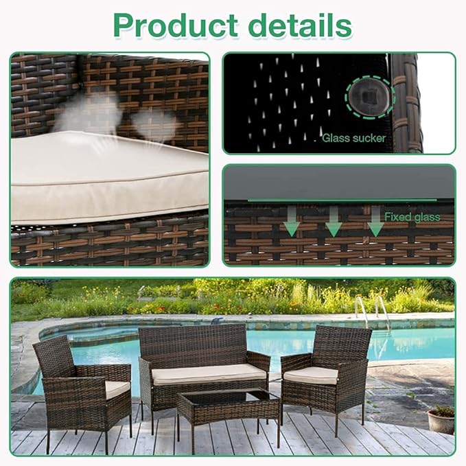 Outdoor Patio Furniture Sets 4 Pieces Patio Set Rattan Chair Wicker Sofa Conversation Set Patio Chair for Backyard Lawn Porch Poolside Balcony Garden Furniture Sets with Coffee Table (Brown)