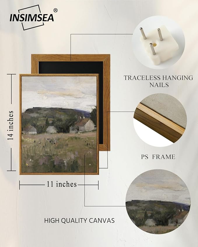 InSimSea Framed Wall Art for Living Room Vintage Landscape Wall Prints Framed Canvas Art Wall Decor Abstract Serene Countryside Scene Wall Prints Mid Century Modern Decor for Bedroom Office 11x14in