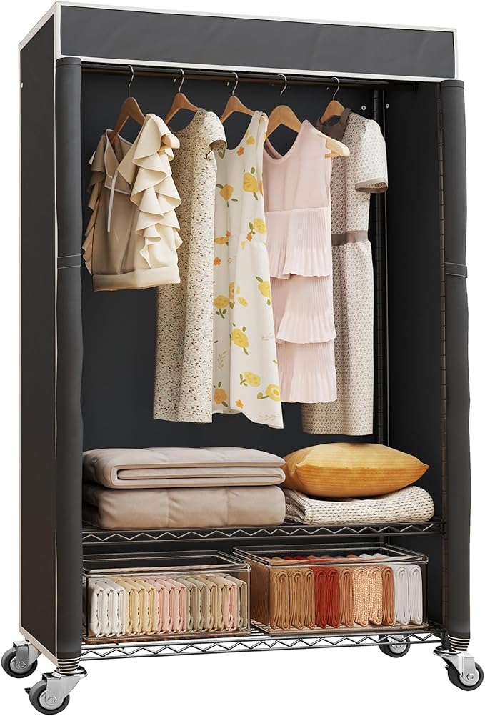 H4 Garment Rack with Cover, Rolling Heavy Duty Clothes Rack, Wardrobe Closet Organizer and Storage, Portable Closet for Hanging Clothes, Black Clothing Rack Shelf with Black Fabric Cover