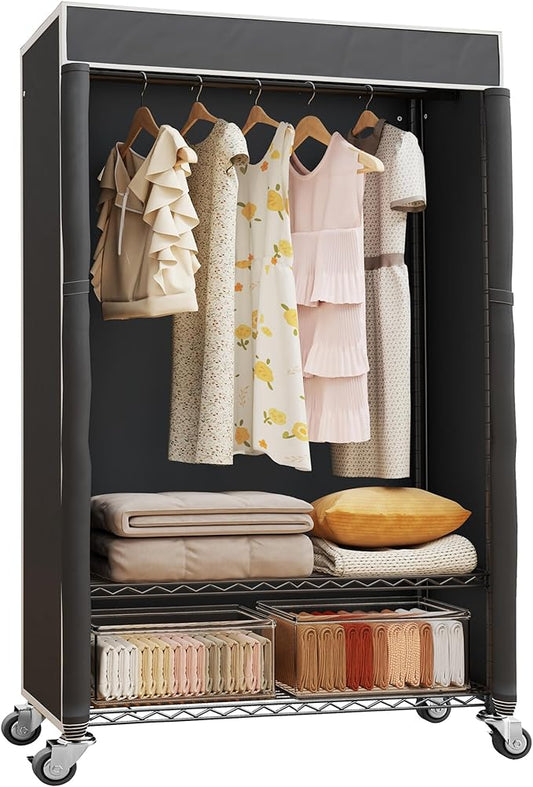 H4 Garment Rack with Cover, Rolling Heavy Duty Clothes Rack, Wardrobe Closet Organizer and Storage, Portable Closet for Hanging Clothes, Black Clothing Rack Shelf with Black Fabric Cover