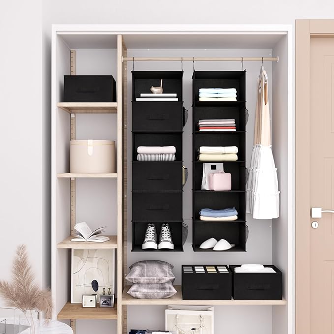 6-Shelf Hanging Closet Organizer with Drawers, Wardrobe Clothes Storage Foldable Portable Hanging Closet Shelves for Clothes Shoes, 47"x13.75"x12.25", Black