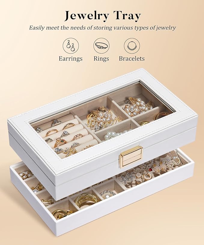 Homde Jewelry Tray Stackable Jewelry Box with Glass Lid, Removable Dividers for Vanity Table Gift Idea for Girls and Women (White)